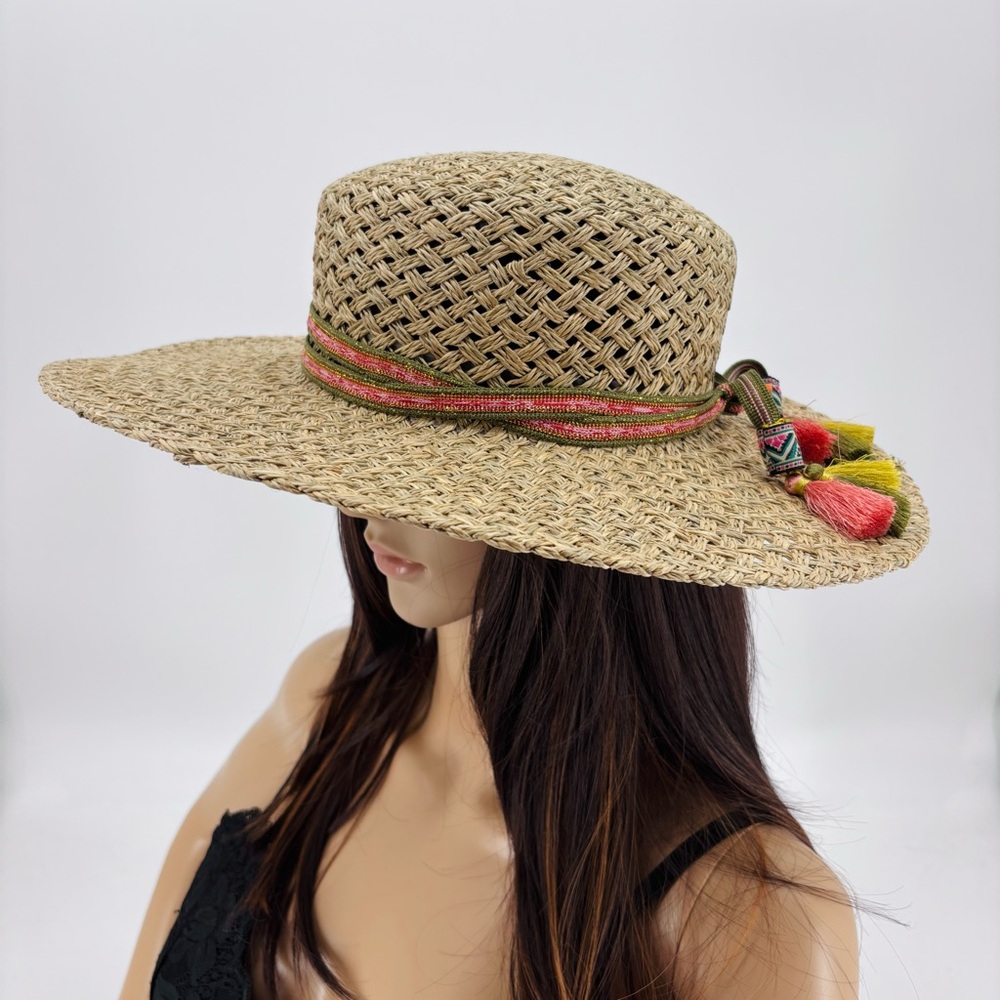 Peter Grimm Pura Vida Natural Straw Raffia Tassel Boho Wide Brim Sun Beach Hat